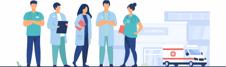 Équipe médicale et paramédicale devant un hôpital