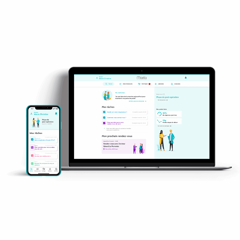 Application Maela sur ordinateur portable et smartphone en phase post-opératoire
